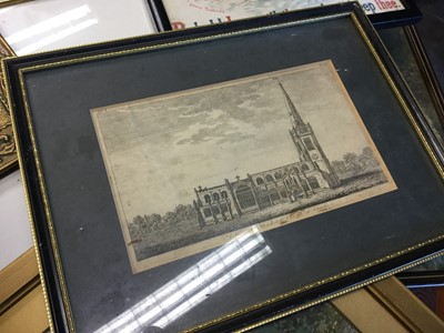 Lot 335 - Collection of pictures and prints to include antique engraving of Thaxted church, coloured engraving of the Marlborough at Portsmouth
