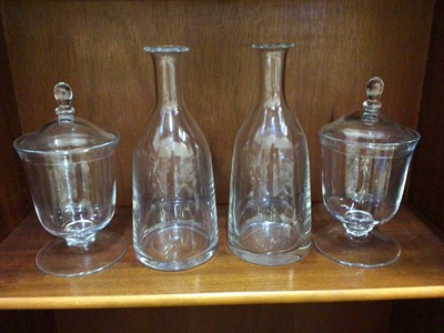 Lot 475 - Pair William Yeoward glass wine carafes, together with a pair glass sweetmeat vases with covers