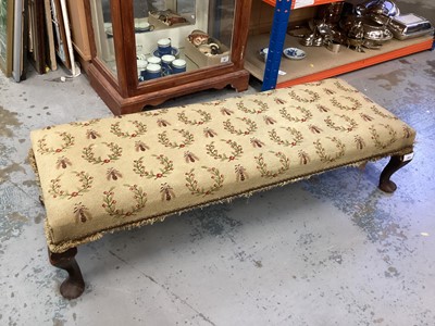 Lot 963 - Long footstool with floral and bee upholstery on cabriole legs, 103cm wide, 37cm wide, 24cm high