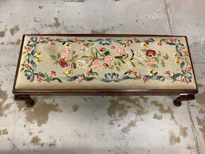 Lot 966 - Long footstool with floral tapestry seat on cabriole legs, 92cm wide, 34.5cm wide, 28cm high