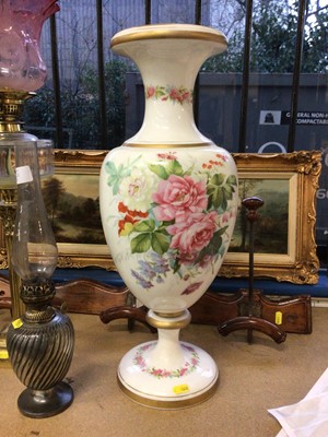 Lot 229 - 19th century painted milk glass baluster vase, 54cm high