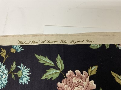 Lot 112 - Two boxes of textiles to include Sanderson 'Bird and Peony' pattern fabric, gentlemen's black bowler hat, pair of curtains, silk scarves etc