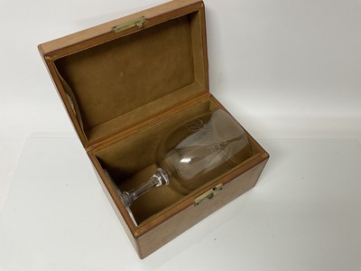 Lot 114 - Drew & Sons brown leather case containing a good quality glass goblet with engraved initials, P.H.W.