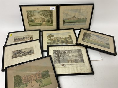 Lot 117 - Set of six Victorian coloured prints to include Castle Howard, Ripley Castle, Harewood House and other country houses, together with a pair of coaching prints, each in glazed frame