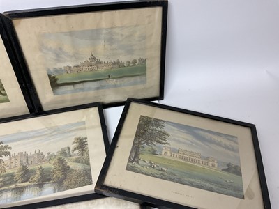 Lot 117 - Set of six Victorian coloured prints to include Castle Howard, Ripley Castle, Harewood House and other country houses, together with a pair of coaching prints, each in glazed frame