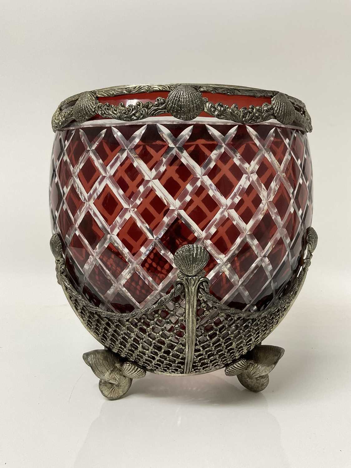 Lot 118 - Good quality white metal mounted and cut ruby flash glass bowl/vase with shell motifs