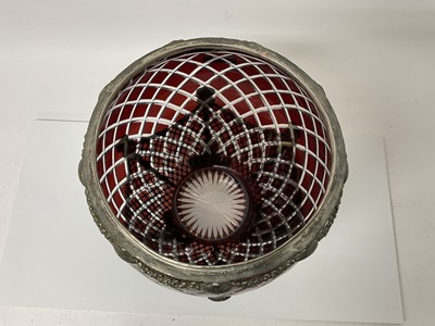 Lot 118 - Good quality white metal mounted and cut ruby flash glass bowl/vase with shell motifs