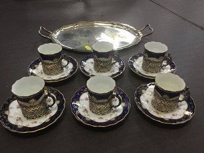 Lot 579 - Set 6 Edwardian silver mounted Coalport coffee cups and saucer and plated tray