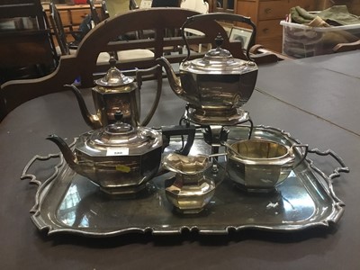 Lot 580 - Silver plated tea and coffee set on plated tray and lot plated ware