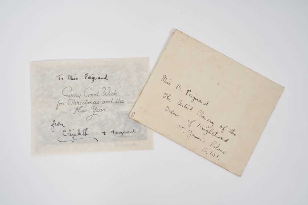Lot 55 - T.R.H. The Princess Elizabeth (later H.M.Queen Elizabeth II) and Princess Margaret, rare signed late 1930s Christmas card with winter scene to cover, inscribed 'To Miss Poignand from Elizabeth a...