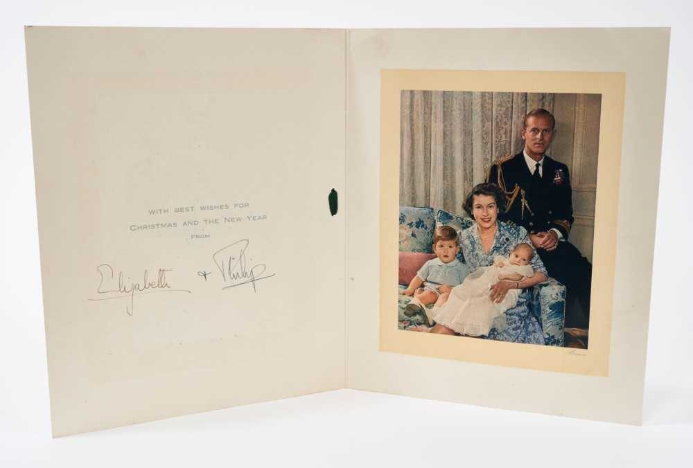 Lot 63 - T.R.H.The Princess Elizabeth (later H.M.Queen Elizabeth II) and The Duke of Edinburgh, signed 1950 Christmas card with crowned Duke of Edinburgh cipher to cover, colour photograph of the Royal co...