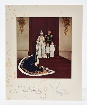 Lot 66 - H.M Queen Elizabeth II and H.R.H. The Duke of Edinburgh, signed 1953 Christmas card with gilt crown to cover, colour Coronation day photograph to interior signed' Elizabeth R 1953 Philip' in origin...