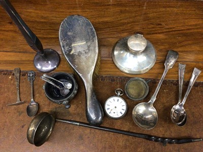 Lot 695 - Group silver including inkwell, brush, salt, pocket watch and flatware