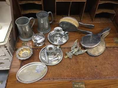 Lot 697 - Silver dressing table pieces, silver table lighter in the form of a lamp and assorted metalware