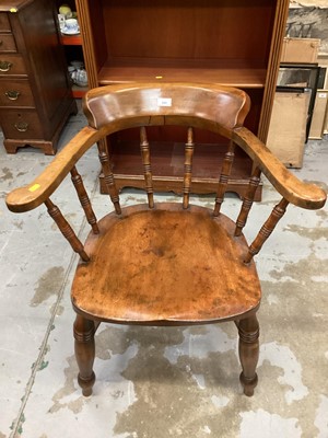 Lot 989 - Late 19th century captains chair with spindle back and solid seat on turned legs joined by stretchers