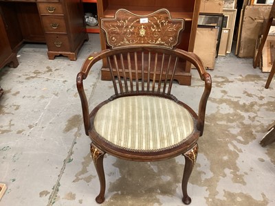 Lot 990 - Late Victorian inlaid mahogany elbow chair with padded seat on cabriole front legs