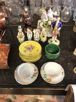 Lot 167 - Collection of continental porcelain, including six yellow-ground Dresden dishes, a pair of twin-Handled Herend cups and saucers, etc