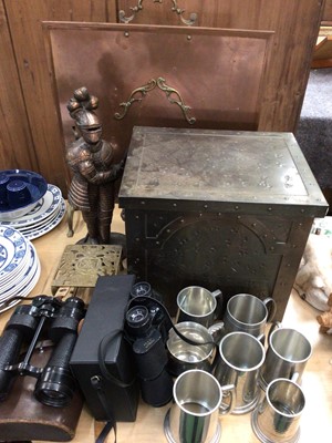 Lot 483 - Copper fire guard, brass coal box, other fire implements, pewter tankards and two pairs of binoculars