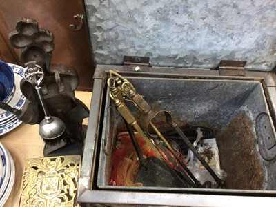Lot 483 - Copper fire guard, brass coal box, other fire implements, pewter tankards and two pairs of binoculars