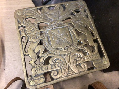 Lot 483 - Copper fire guard, brass coal box, other fire implements, pewter tankards and two pairs of binoculars