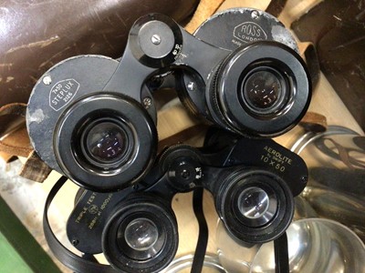 Lot 483 - Copper fire guard, brass coal box, other fire implements, pewter tankards and two pairs of binoculars