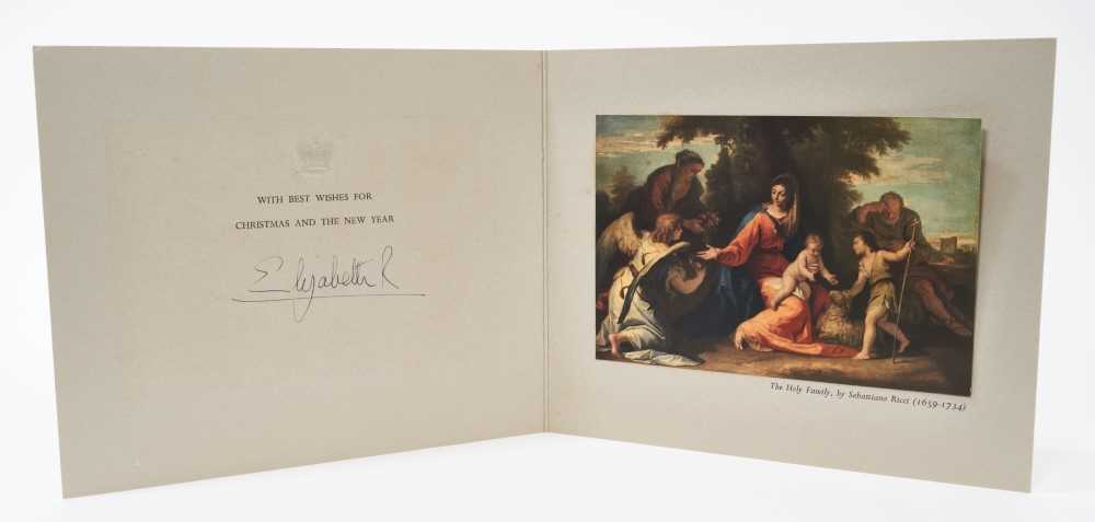 Lot 71 - H.M.Queen Elizabeth II, signed 1958 Christmas card with gilt crown to cover, print of The Holy Family by Ricci to interior, signed 'Elizabeth R' with envelope