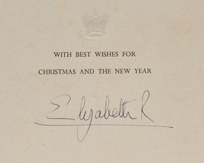 Lot 71 - H.M.Queen Elizabeth II, signed 1958 Christmas card with gilt crown to cover, print of The Holy Family by Ricci to interior, signed 'Elizabeth R' with envelope