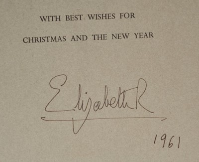 Lot 74 - H.M.Queen Elizabeth II signed 1961 Christmas card with twin gilt ciphers to cover, print of The Holy Family by Rubéns to interior ,signed ' Elizabeth R 1961' with envelope.
