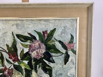 Lot 92 - Sheila Watson, 20th century, oil on board - still life rhododendrons, signed, in painted frame