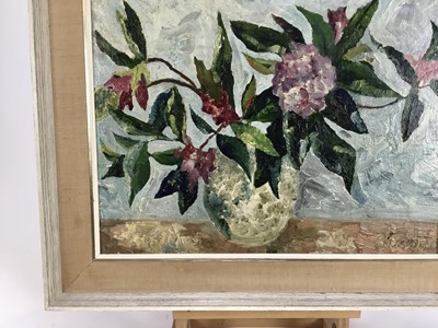 Lot 92 - Sheila Watson, 20th century, oil on board - still life rhododendrons, signed, in painted frame
