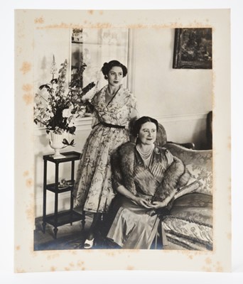 Lot 76 - H.M.Queen Elizabeth The Queen Mother, signed 1952 Christmas card with gilt crown to cover, photograph of The Queen mother with Princess Margaret at Clarence House signed' from Elizabeth R' with env...