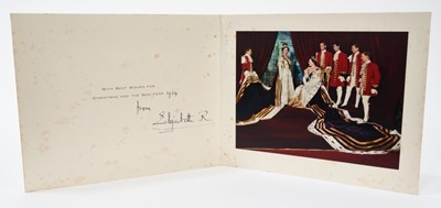 Lot 77 - H.M.Queen Elizabeth The Queen Mother, signed 1953 Christmas card with gilt crown to cover, colour Coronation day photograph to interior signed' from Elizabeth R' with envelope