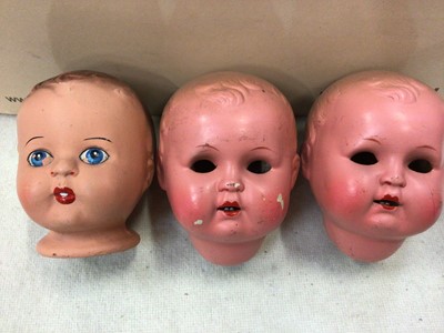 Lot 490 - Three vintage doll's heads, various half dolls, miniature teaware etc