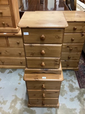 Lot 1009 - Pine three drawer bedside chest, 43cm wide, 44cm deep, 62cm high, together with another smaller chest, 39cm wide, 33.5cm deep, 55cm high (2)