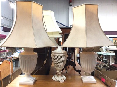 Lot 572 - Pair of white glazed table lamps with shades, another similar and assorted shades