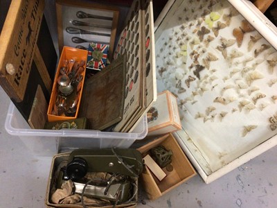 Lot 574 - Pair military telephones, plated cutlery, commemorative tins, coins, butterflies in glazed case and sundries