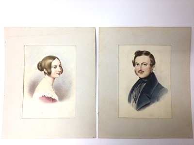 Lot 91 - Pair fine Victorian watercolour portraits of H.M. Queen Victoria and H.R.H.Prince Albert in card mounts 30.5 x 25.5 cm overal
