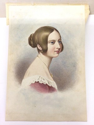Lot 91 - Pair fine Victorian watercolour portraits of H.M. Queen Victoria and H.R.H.Prince Albert in card mounts 30.5 x 25.5 cm overal