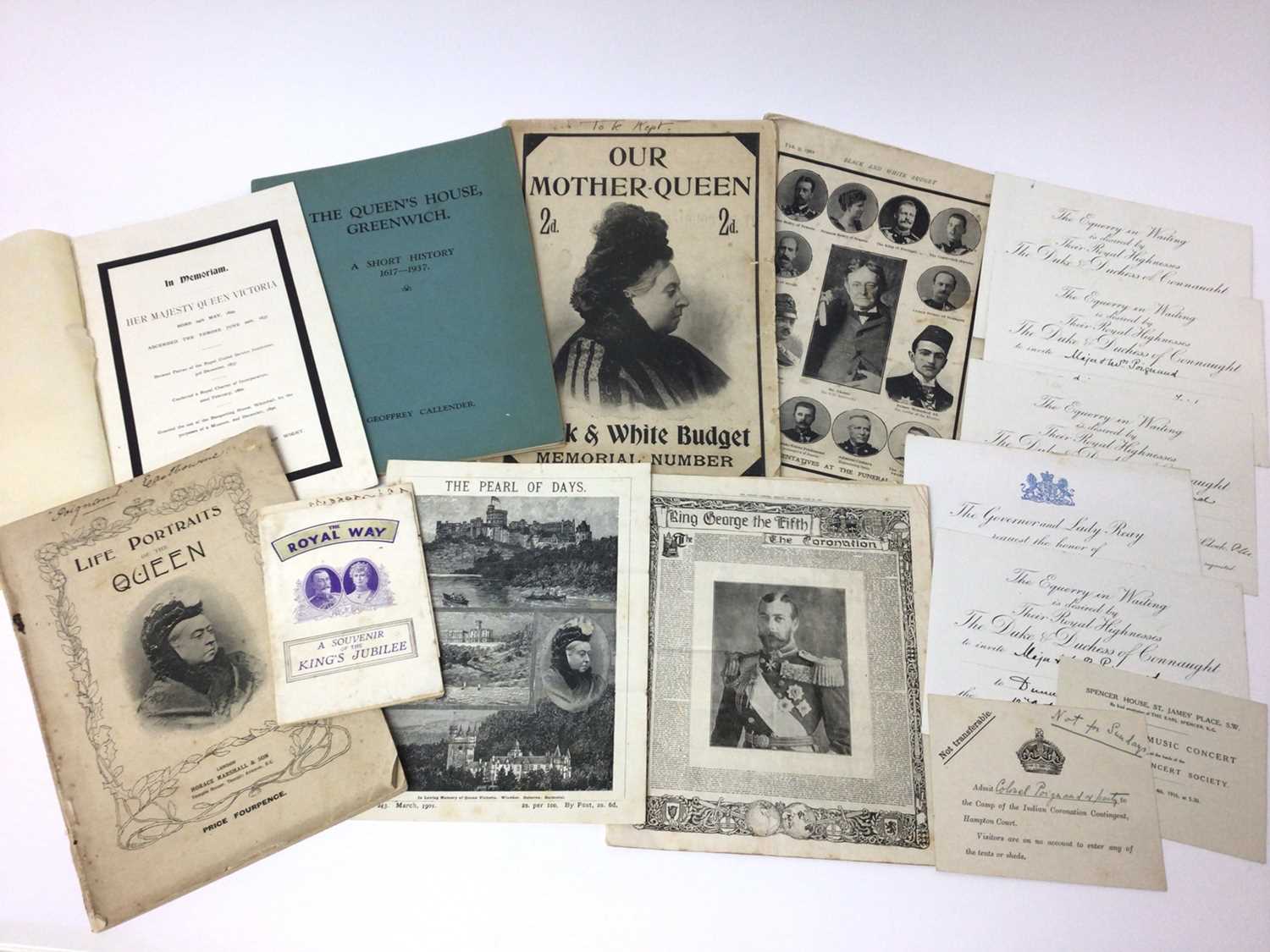 Lot 92 - H.M.Queen Victoria in memoriam card, various Royal commemorative ephemera, Royal invitations