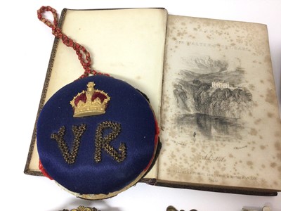 Lot 93 - H.M.Queen Victoria Royal commemorative pincushion with crowned VR cipher to top, print of portrait of the young Queen in gilt metal frame and other decorative items including Royal commemorative m...