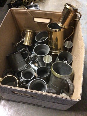 Lot 247 - Box of pewter and brass tankards, and other metal wares