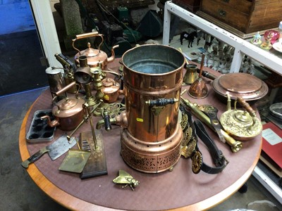 Lot 248 - Good collection of brass, copper and other metalwares, including kettles, blow torches, copper tea urn etc