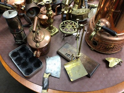 Lot 248 - Good collection of brass, copper and other metalwares, including kettles, blow torches, copper tea urn etc