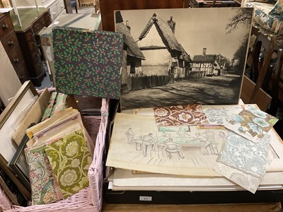 Lot 577 - Mixed lot of ephemera, unframed works, vintage Sanderson wall paper samples, art related books and similar items