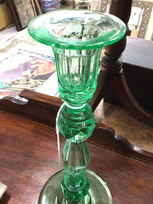 Lot 352 - Good quality green glass single candlestick with cut stem on circular base, 30cm high