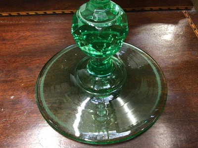 Lot 352 - Good quality green glass single candlestick with cut stem on circular base, 30cm high