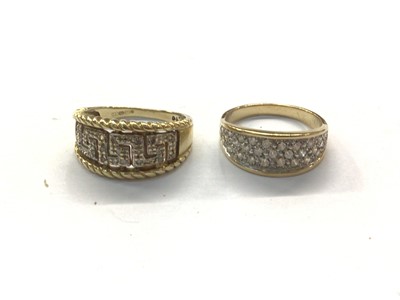 Lot 739 - Two 9ct gold diamond set rings, one with Greek key decoration, size O½, the other size N½