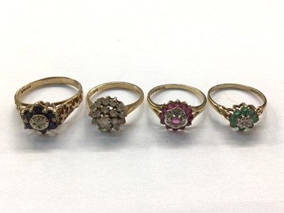 Lot 740 - Four 9ct gold gem set cluster rings