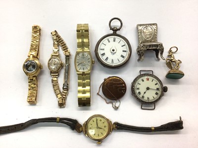 Lot 754 - Two silver cased fob watches, four vintage gold plated ladies wristwatches, brooch and silver miniature chair