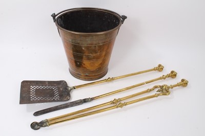 Lot 799 - Set of early 19th century brass and steel fire irons, together with antique brass bucket